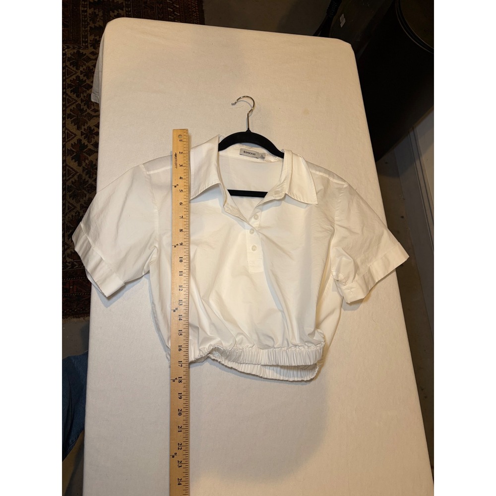 SIMKHAI White Cotton Blend Short Sleeve Elastic Hem Crop Polo Blouse Top Size M - Picture 6 of 8